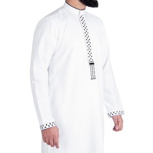 Thobe arabe blanc en broderie polyester fait main, Jubba pour hommes, manches longues, longueur cheville - Product Image 5