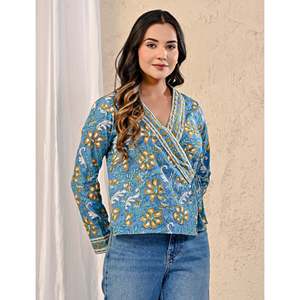 Blusa Azul Jaal con Bordado Floral y Cuello Asimétrico de Tela Popelina con Detalles Laterales en Dori, Blusa Formal Larga para Mujer, Tallas XS a XL - Product Image 5