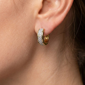 Pendientes de media aro contemporáneos de oro amarillo macizo de 18 quilates con doble fila de diamantes redondos pavé, joyería fina para regalo de Navidad. - Product Image 3