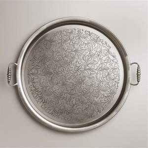 Plateau de service en métal argenté gravé de luxe avec poignées |   Plateau rond vintage pour table basse, plateau à boissons antique à motifs floraux - Product Image 1