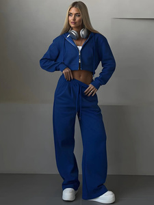 Conjunto de pantalones con capucha de tejido de algodón 100% liso de gran tamaño, chaqueta informal de manga larga con cremallera, pantalones de chándal regulares para mujer - Product Image 5