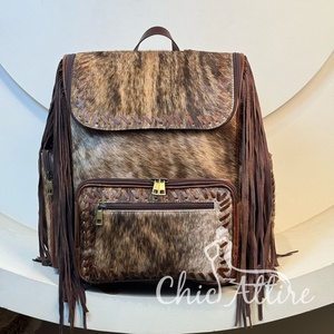 Rétro élégant vrais cheveux sur cuir de vachette frange couche sac à dos en gros en cuir véritable multi-fonctionnel voyage sac à dos sac - Product Image 1
