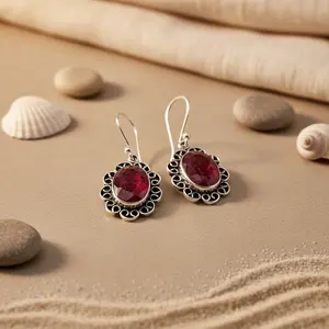 Boucles d'oreilles pendantes en argent 925 avec rubis pour femmes, bijoux fantaisie en pierres précieuses - Product Image 3