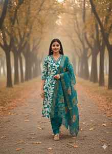 Nouvel ensemble de kurta pour femme, style Kolkata, trois pièces, en mousseline imprimée de luxe, pour les fêtes d'hiver, avec dupatta et pantalon - Product Image 2