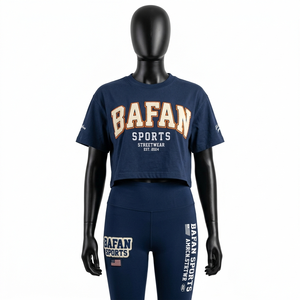 Premium 220 GSM Cotton Polyester Spandex <b>Crop</b> T Shirt And High Waist <b>Legging</b> Set <b>Navy</b> Screen Print Logo Women set - Product Image 5