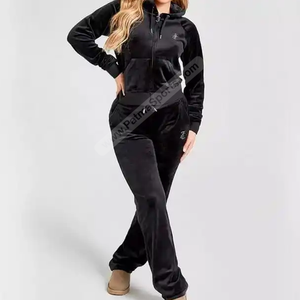 Traje de terciopelo personalizado para mujer, informal, con patrón sólido, de secado rápido, transpirable, 100% algodón, diamantes de imitación, de 2 piezas conjunto largo, chándales - Product Image 2