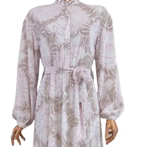High quality woven womens dress with floral pattern belted shawl collar cream colored lined with chiffon fabric wholesale