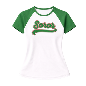 Camiseta Blanca 08 con Mangas Raglán para Hermandad Griega, Camiseta Rosa y Verde para Mujer, Estilo Universitario, Casual, Ecológica, para Verano - Product Image 3