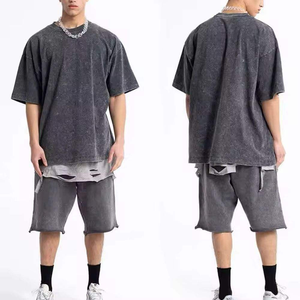 Ensemble deux pièces streetwear oversize pour homme, été, respirant, vintage, en tissu éponge délavé à l'acide, t-shirt et short teints en pièce - Product Image 3