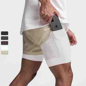 Short de gym 2 en 1 personnalisé de haute qualité pour hommes, short de sport de couleur unie avec poche zippée pour la course à pied pour hommes, short de fitness 2 en 1 - Product Image 5