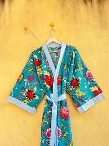 Kimono de Algodón Puro, Kaftán con Estampado Floral, Ropa para Festivales, Bata para Mujer, Bata de Baño, Estampado en Bloques, Bata para Damas de Honor - Product Image 2