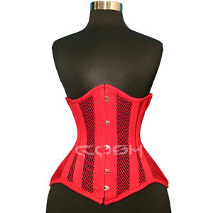 Cosh International |   Corset serre-taille sous-poitrine en coton rouge avec baleines en acier et panneaux en maille respirante - Product Image 6