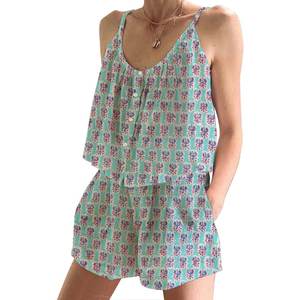 Conjunto de Pijama Corto con Estampado Floral de Lujo, Estampado a Mano, Primavera/Verano, Floral, Ajustado, con Tirantes, Sin Mangas - Product Image 1