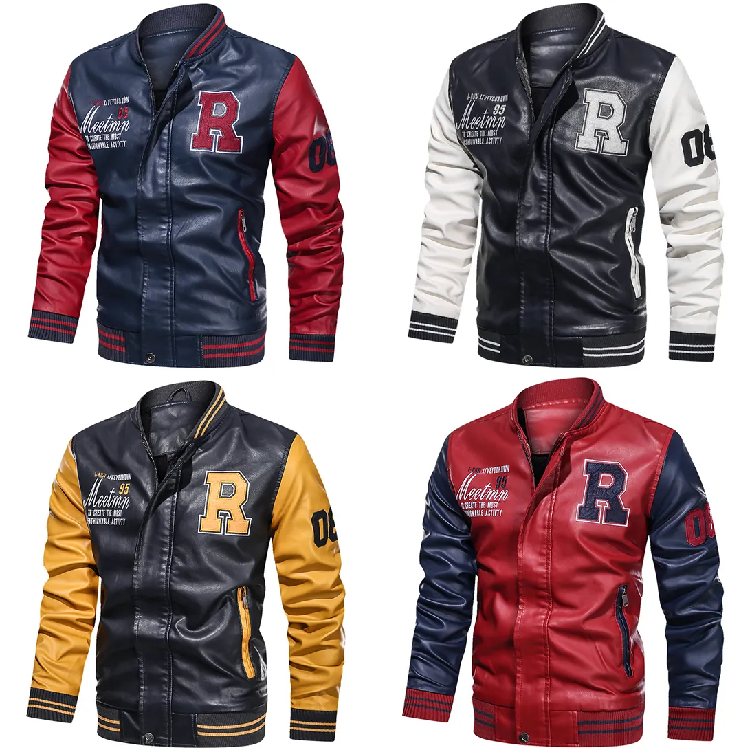 2022 New Young and Middle-Aged Baseball Uniforms Black Plus Velvet PU Motorbike Mens Leather Varsity Jacket