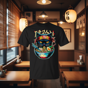 T-Shirt Unisex con Stampa Digitale Anime Giapponese Gatto e Ramen, Manica Corta, Regalo Promozionale - Product Image 4