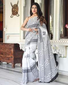 Alta Venta de algodón Malmal dibujado a mano hasta el suelo ligero Sari mujeres elegante fiesta desgaste hermosos colores Verano Indio - Product Image 2