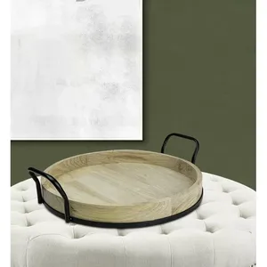 Plateau en bois rond élégant avec base en métal solide, idéal pour la cuisine, la table à manger, le service et l'usage domestique quotidien de l'Inde - Product Image 3