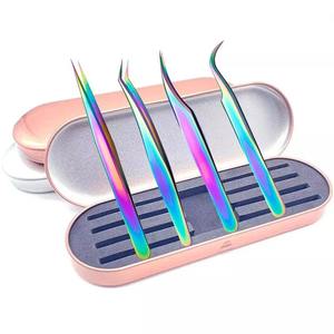 Pinzas de cabeza curvada recta de color arcoíris de acero inoxidable personalizadas, extensión de pestañas puntiagudas, características de fibra, belleza privada - Product Image 1