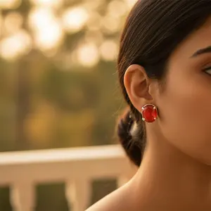 Boucles d'oreilles clous en argent 925 pour femmes, pierre de cornaline rouge ovale, bijoux, accessoire de mode - Product Image 3