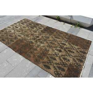 Alfombra turca hecha a mano de lana antigua marrón Beige de 4,7x8,5 pies diseño clásico de retazos para cabecera rectángulo pasillo patrón látex - Product Image 2