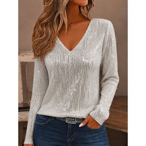 Blusa de Lentejuelas con Cuello en V y Manga Larga para Mujer, 37140 - Blanca - Product Image 1