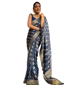 Luxe Bruiloftsfeestkleding Modeontwerper Puur Banarasi Koperen Zari Weven Zachte Zijde Sari Van Indiase Fabrikant