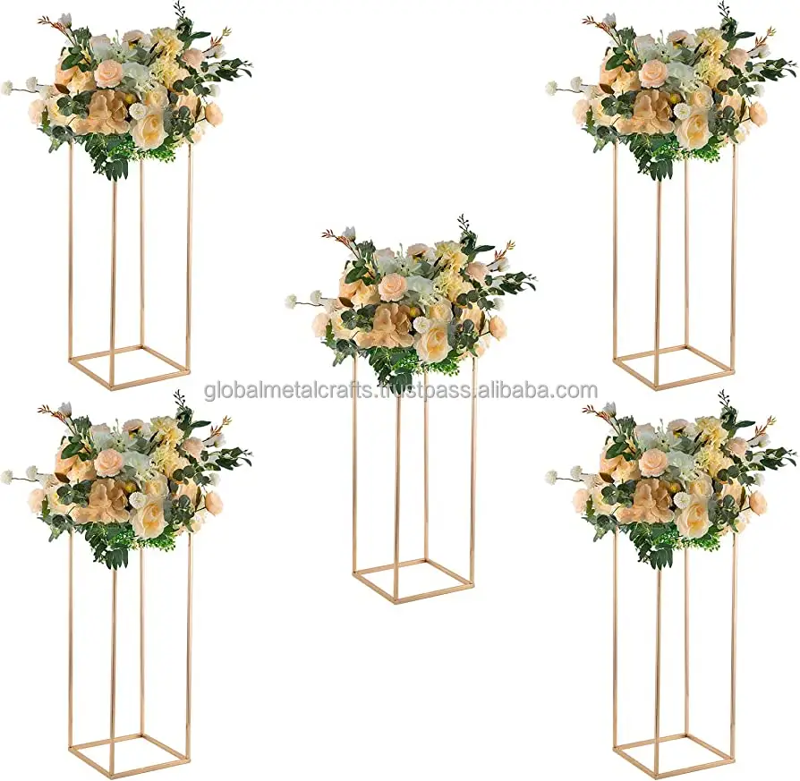 Emas bunga pernikahan berdiri kolom vas, logam geometris pernikahan vas bunga berdiri untuk pesta pernikahan makan malam bagian tengah