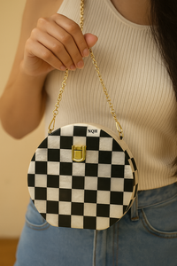 Pochette de soirée de luxe faite à la main en bois et résine, durable et écologique, avec incrustation géométrique à pois, sac à bandoulière avec chaîne, logo personnalisé - Product Image 2