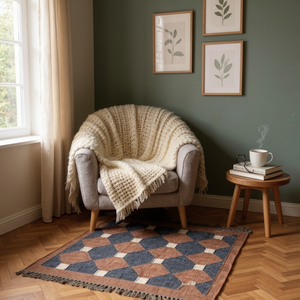 Alfombra tejida a mano de yute Kilim, diseño geométrico rojo y blanco, decoración del hogar para sala de estar y habitación de niños, hecha en la India por hombres - Product Image 6