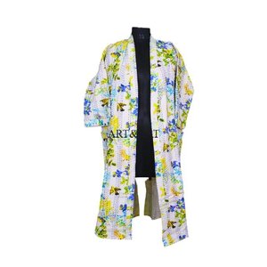 Beautiful Elegant Indian Cotton Hand Block Print Kantha Floral <b>Kimono</b> <b>Robe</b> Wrap for Women with <b>Long</b> Sleeve - Product Image 2