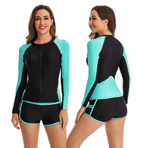 Traje de Baño de Dos Piezas para Mujer al por Mayor, Camiseta de Manga Larga con Cierre Completo y Pantalones Cortos, Ropa de Playa para Niñas de Secado Rápido con Protección Solar UPF50+ - Product Image 1