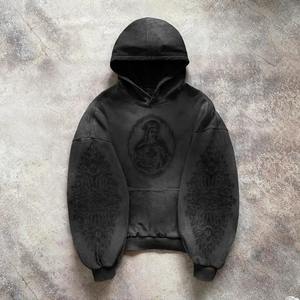 Fabricante personalizado para hombre recortado 3D espuma Logo Pullover Cut Edge Fleece algodón sin cuerdas Raw Hem Puff impresión Sudadera con capucha para hombres - Product Image 5