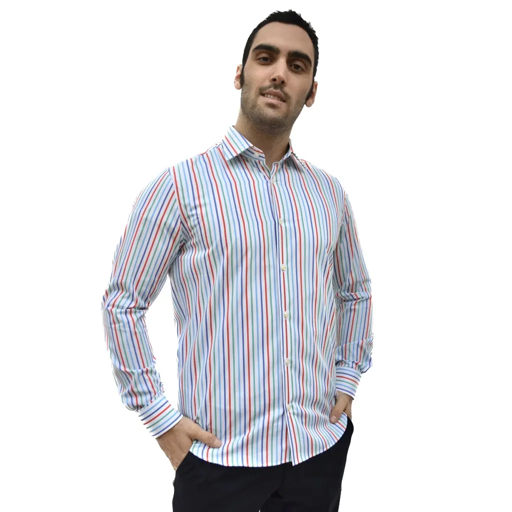 Men shirt in 100% high quality cotton light blue  blue  orange and green stripes