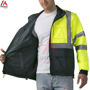 Veste de sécurité haute visibilité hiver jaune et noire, sportive, en toile respirante, coupe-vent, avec bandes réfléchissantes, fermeture éclair intégrale, col rond - Product Image 4