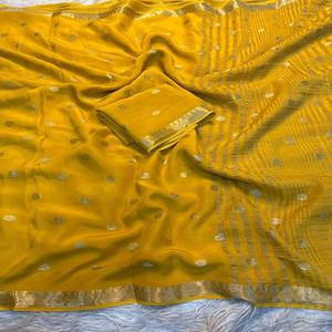 Elegante Sari de Seda Jacquard Banarasi para Mujer con Tejido para Bodas y Fiestas, Hecho en India - Product Image 1