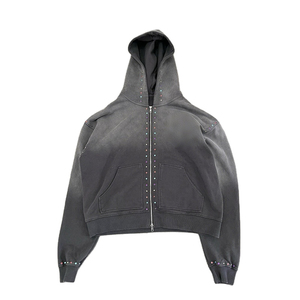 Custom Sweat Stack Pant Trajes de chándal Lavado ácido Chándal Rhinestone Zip up Sudadera con capucha y pantalones de chándal acampanados Conjunto de chándal para hombres - Product Image 3