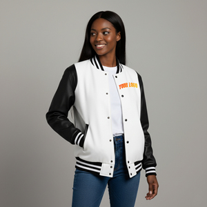 Veste universitaire pour femmes de qualité supérieure 100% coton Corps en laine Couleur personnalisable Imperméable Coupe-vent Broderie de rivets de baseball - Product Image 1