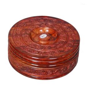 Wooden Chapati Box <b>Casserole</b> round Shape Roti Serving Box with Carved Design and Lid for Lunches - Product Image 6