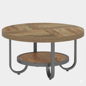 Table basse ronde de qualité supérieure avec étagère de rangement, table basse en bois avec pieds en colonne romaine en métal robuste - Product Image 6