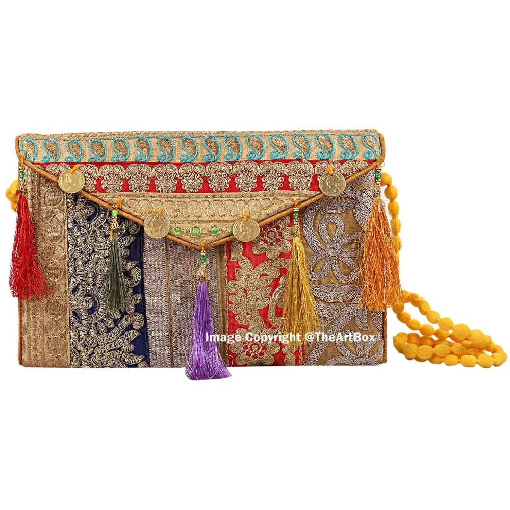 Banjara-Bolso de mano Vintage para mujer, bolsa de mano de estilo bohemio, gitano, con parche de moneda antigua, Tribal, trabajo, indio, tela de algodón, forro