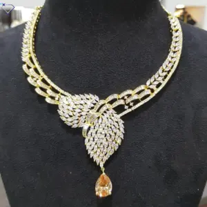 Designer 14 kt yellow gold unique necklace enhanced with round brilliant baguette and marquise cut lab created diamond studded