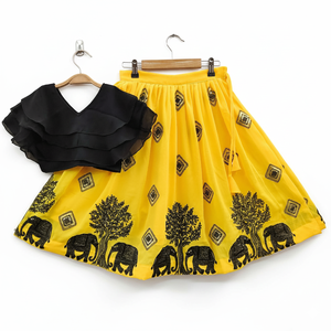 Shoryam Mode Enfants Jaune Lehenga Noir À Volants Choli Élégant Éléphant Motif Ethnique Porter Fille Fête Longueur Au Sol - Product Image 1