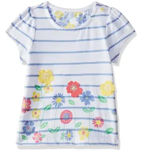 Flower embroidery half white blue stripe pure cotton short sleeve girls t-shirt New arrival round neck shoulder kids tee-shirts
