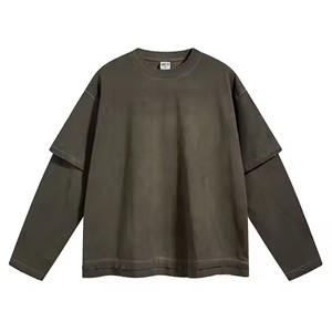 OEM personalizado 100% algodón Fleec Wash sudadera para hombres de doble capa de manga en blanco en relieve de impresión de invierno de gran tamaño camiseta sólida - Product Image 4