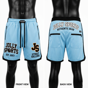 Shorts de basket-ball pour hommes, 180 GSM, maille polyester premium, bleu clair, panneau noir, logo brodé, short de basket-ball personnalisé pour hommes - Product Image 1