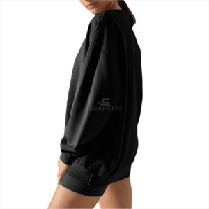 Women's Oversized Crew Neck Sweatshirt Solid <b>Black</b> Drop Shoulder Long Sleeve 100% Cotton Knitted Breathable Autumn Wear - Product Image 3
