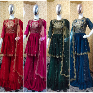 Vestido étnico moderno, tela de Georgette de imitación pesada, ropa de boda, traje Sharara de diseñador indio y paquistaní, Palazzo Dupatta para mujer - Product Image 6