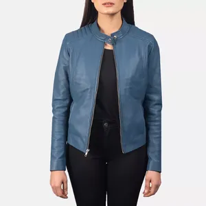 Blouson de motard en cuir véritable bleu pour femme, col montant, épaules matelassées, en peau de mouton, fermeture éclair sur le devant, poches, coupe ajustée, vêtement d'extérieur - Product Image 1