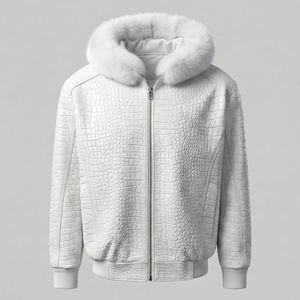 Chaqueta Bomber de Cuero Blanco con Textura Repujada de Cocodrilo Hecha a Mano, Prenda Exterior de Lujo para Hombre con Capucha de Piel Blanca - Product Image 3
