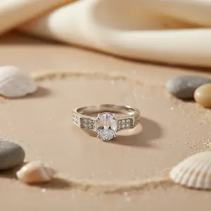 Anillo de Compromiso Ovalado de Platino de 14K con Baño de Rodio Geométrico para Mujer - Product Image 3